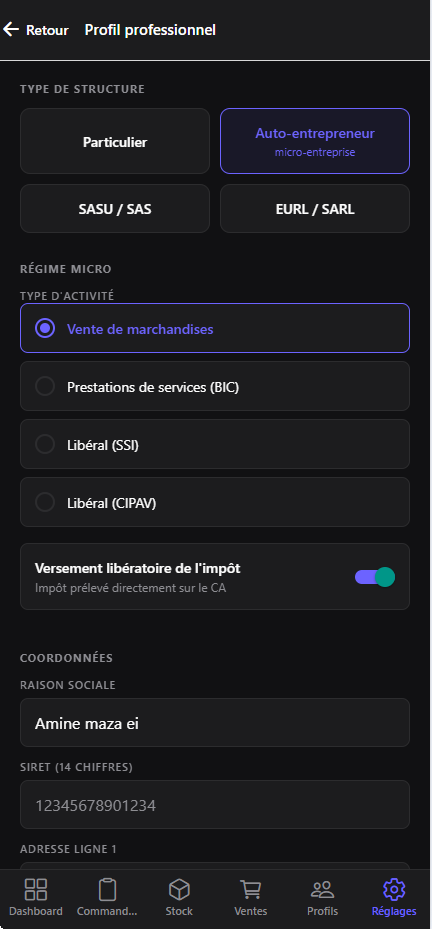 Profil professionnel Vestock — configuration régime fiscal auto-entrepreneur et cotisations sociales