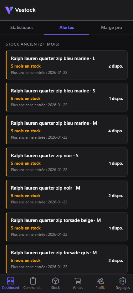 Alertes stock dormant Vestock — articles en stock depuis plus de 2 mois