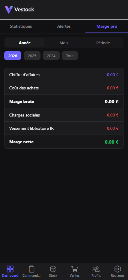 Marge pro Vestock — calcul marge nette après charges sociales et IR auto-entrepreneur