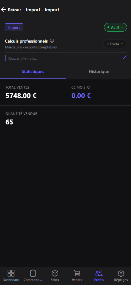 Stats profil Vestock — CA total, CA mois et historique ventes par compte Vinted