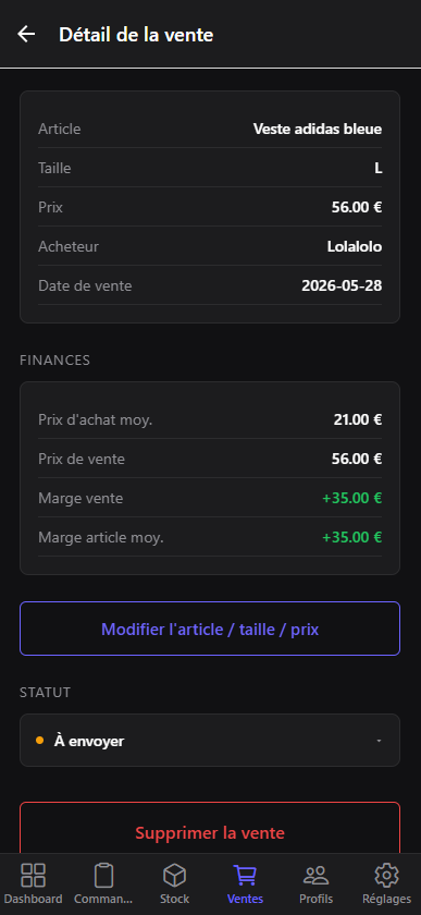 Détail d'une vente Vestock — analyse de marge par article vendu sur Vinted