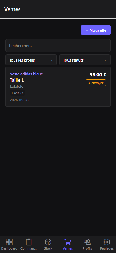 Gestion de vente Vestock — liste des ventes revendeur par statut et profil