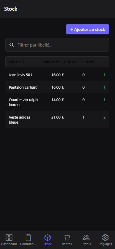 Gestion de stock Vestock — liste articles seconde main avec disponibilité